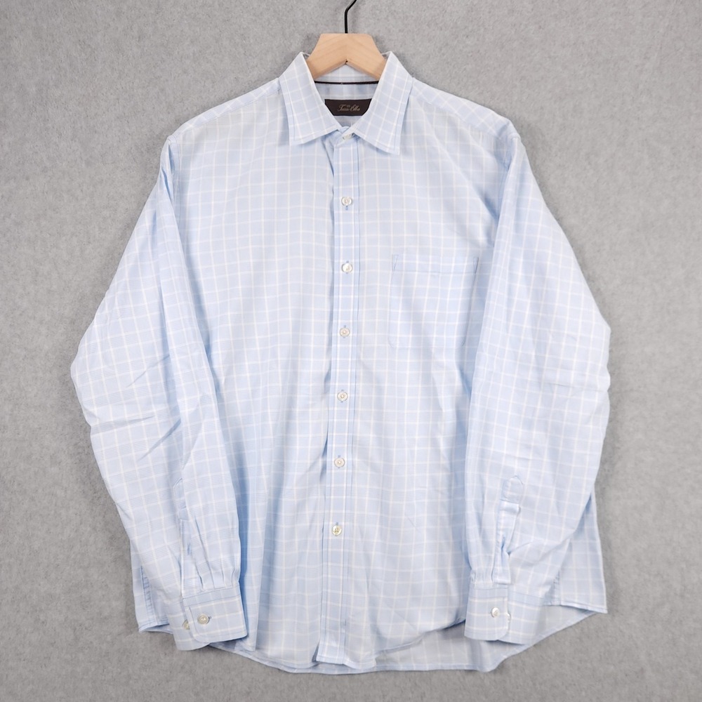 Tasso Elba Mens Large Blue White Plaid Windowpane Cotton Dress Casual Shirt